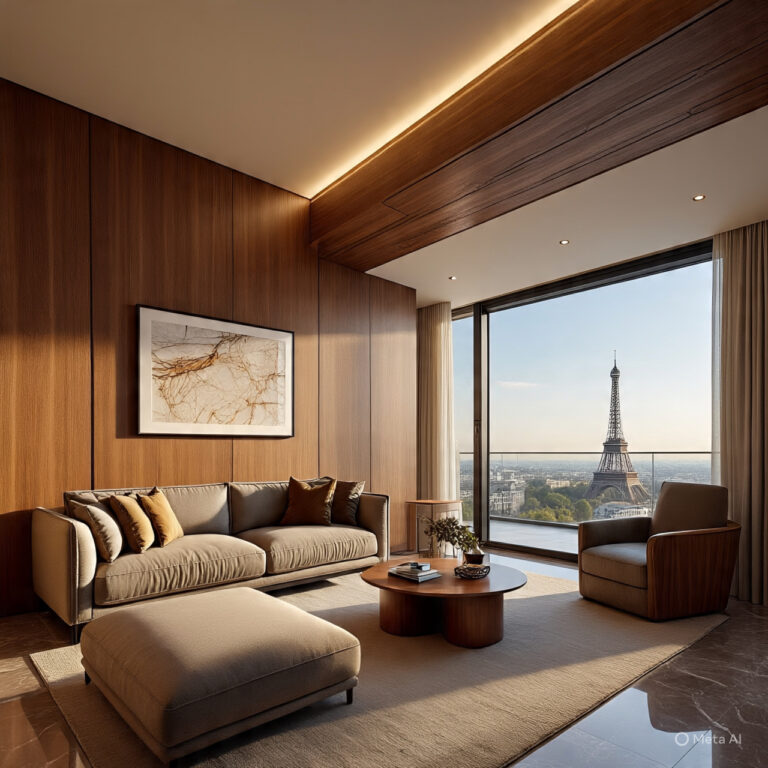 Luxury living room interior designed with warm lighting, wooden finishes, and modern furniture creating a personalized sanctuary