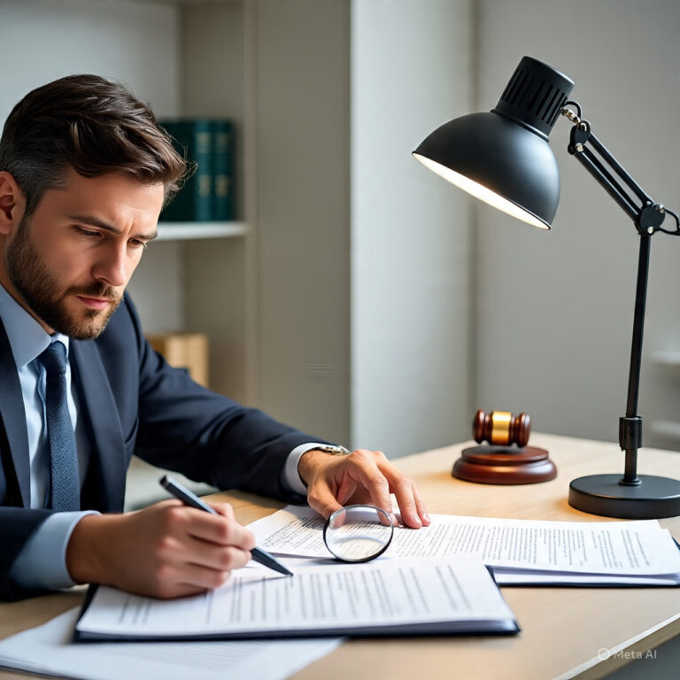 Legal professional reviewing property documents with magnifying glass ensuring due diligence and contract accuracy