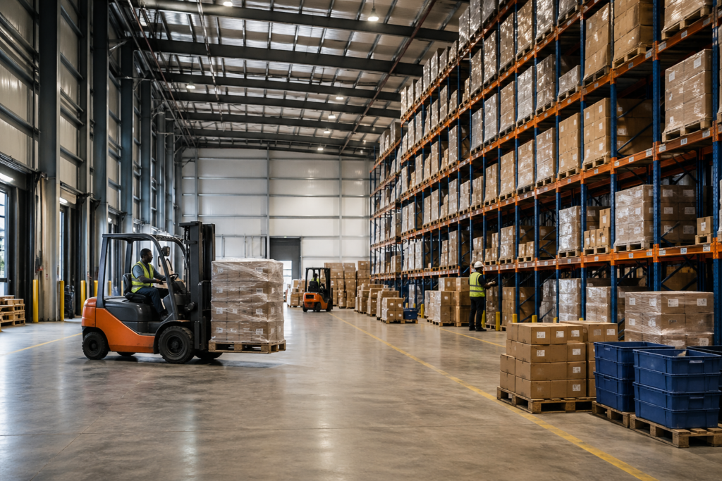 Large warehouse project under construction in Tirupati with steel framework, completed warehouse nearby, trucks on wide roads, and active industrial development site.