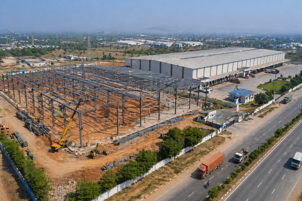 Large warehouse project under construction in Tirupati with steel framework, completed warehouse nearby, trucks on wide roads, and active industrial development site.