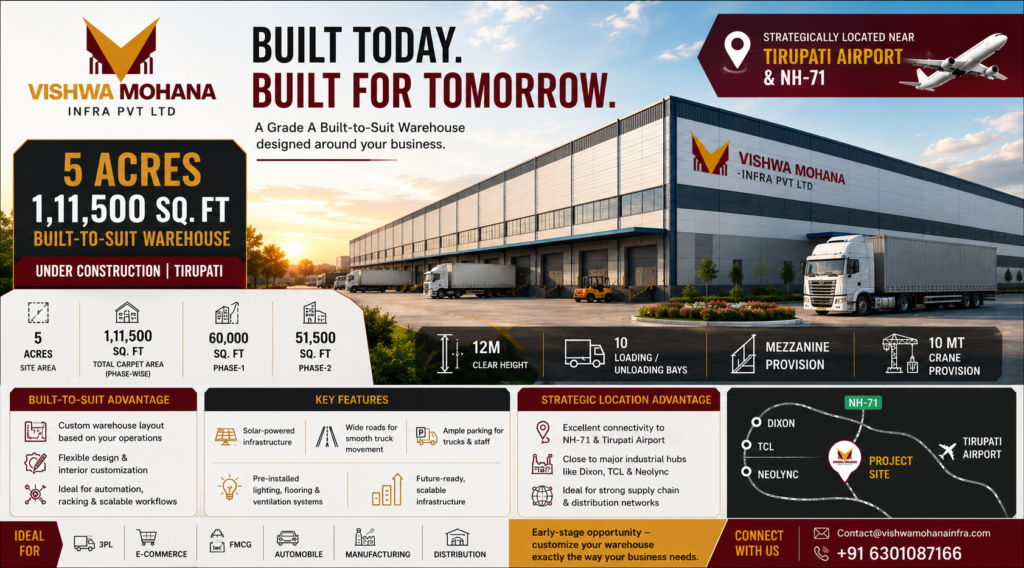 5 Acre Built-to-Suit Warehouse Under Construction in Tirupati with 1,11,500 Sq.Ft Industrial Space