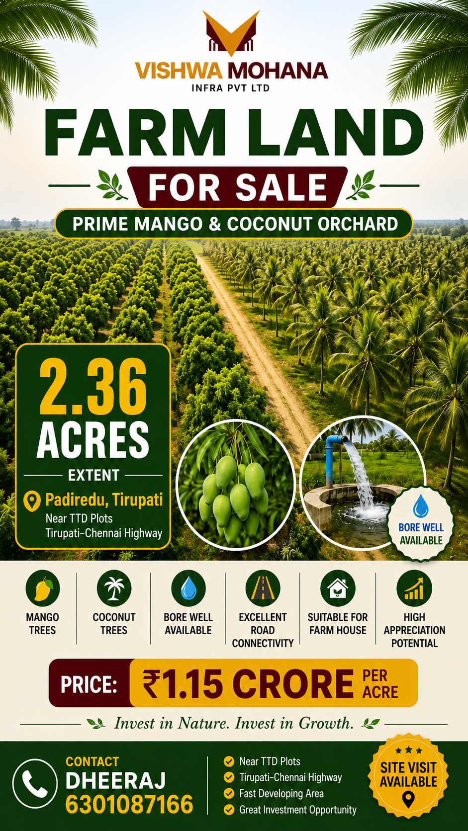 2.36 acres mango and coconut orchard farm land for sale in Padiredu Tirupati with borewell, road connectivity, and farmhouse investment potential