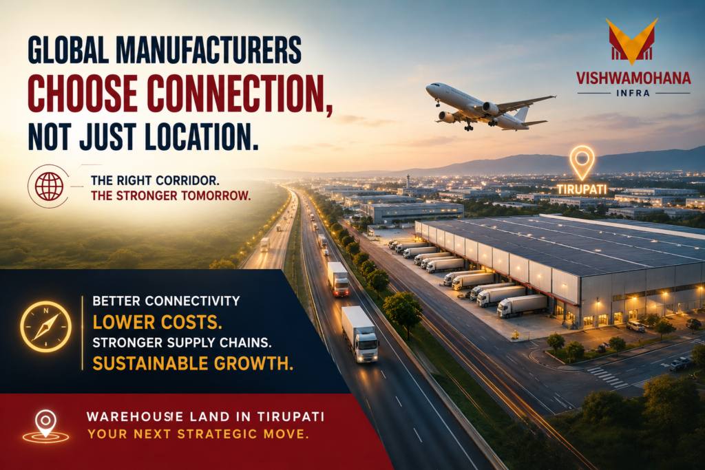 Warehouse Land in Tirupati near NH-71 and Tirupati Airport showcasing modern logistics infrastructure, industrial warehouse development, highway connectivity, and supply chain growth opportunities.
